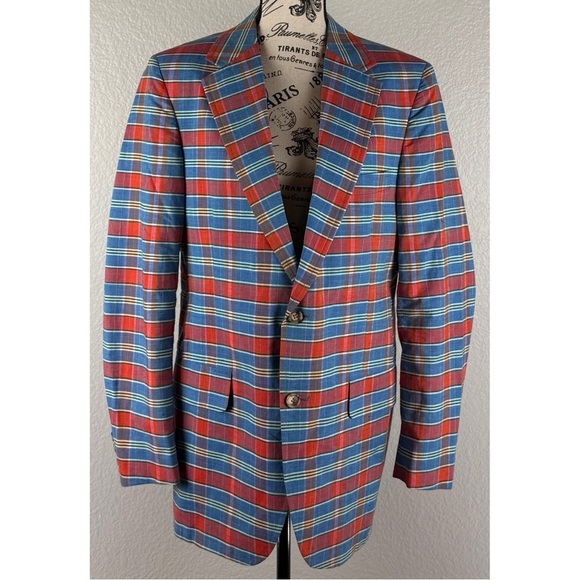 Lands End Charter Collection Vintage 90s Men's Madras Plaid Blazer Jacket Medium - Picture 2 of 8